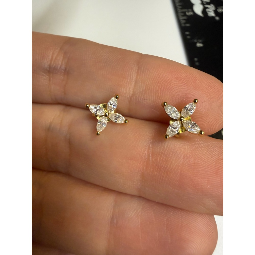 Gold Tone Marquise Cubic Zirconia Flower Cluster Stud Earrings Clear CZ Floral